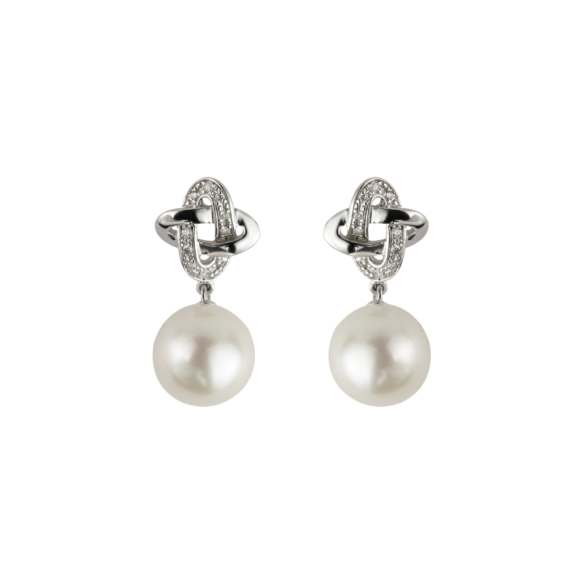 18ct White Gold Diamond & Pearl Drop Earrings