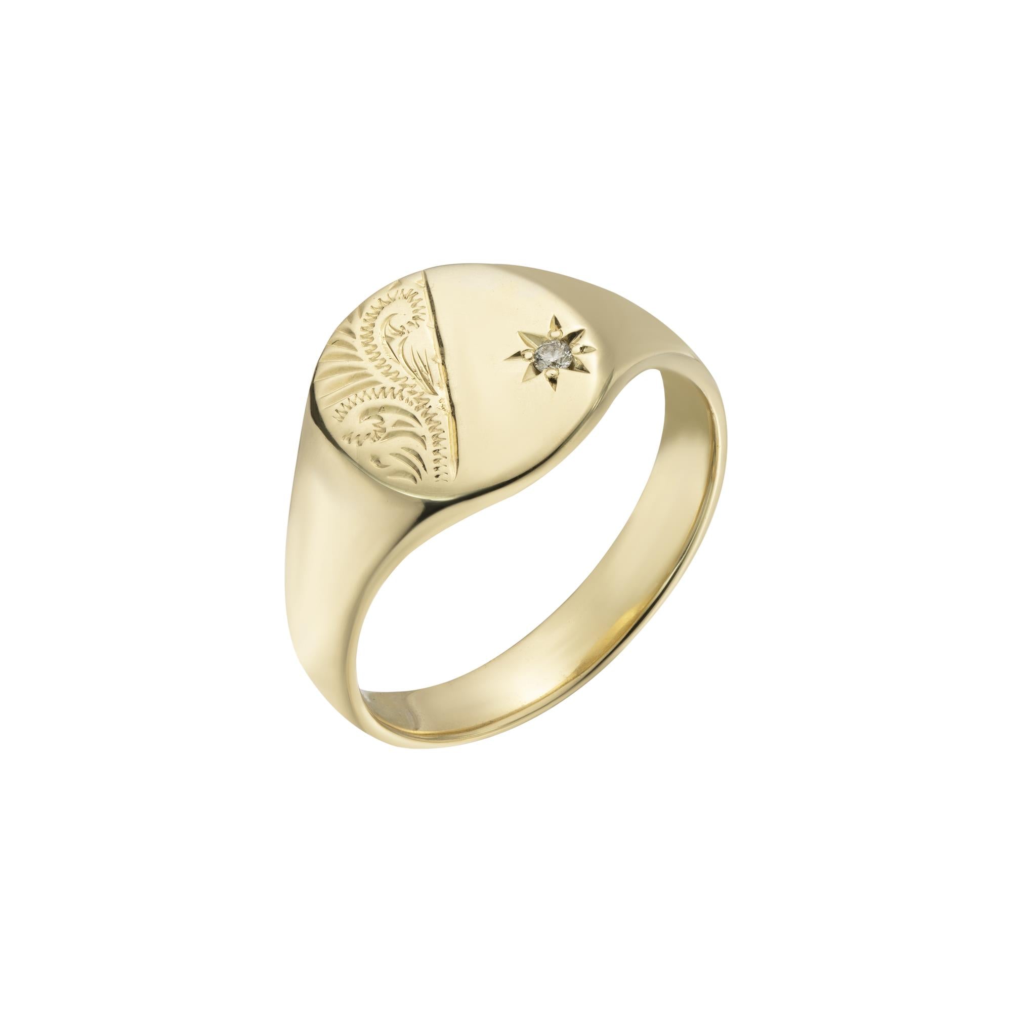 9ct Yellow Gold Diamond Half Engraved Signet Ring