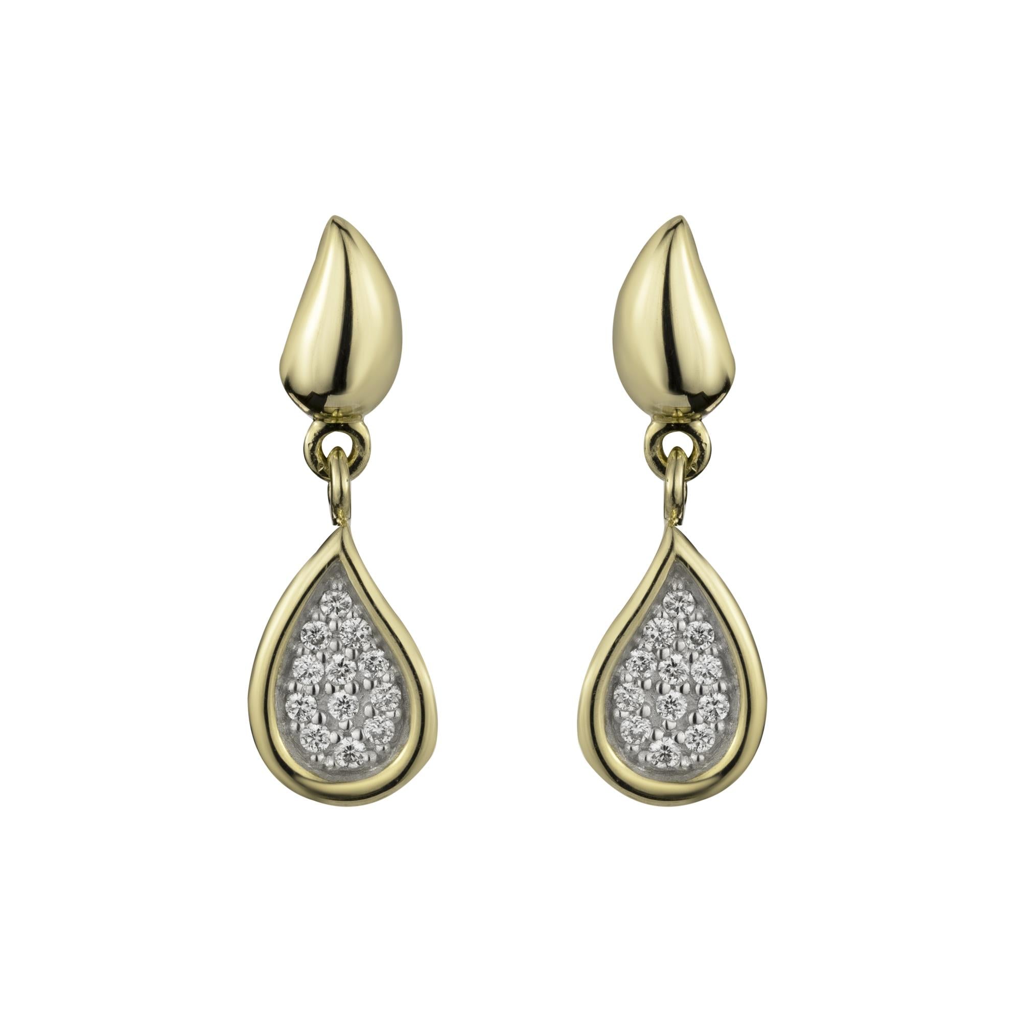 9ct Yellow Gold Diamond Petal Shaped Drop Earrings