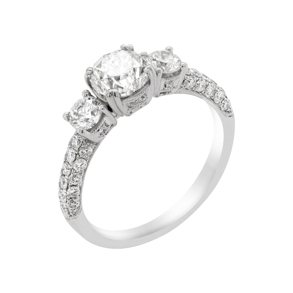 18ct White Gold Round Cut Diamond Three Stone Ring, 1.86ct